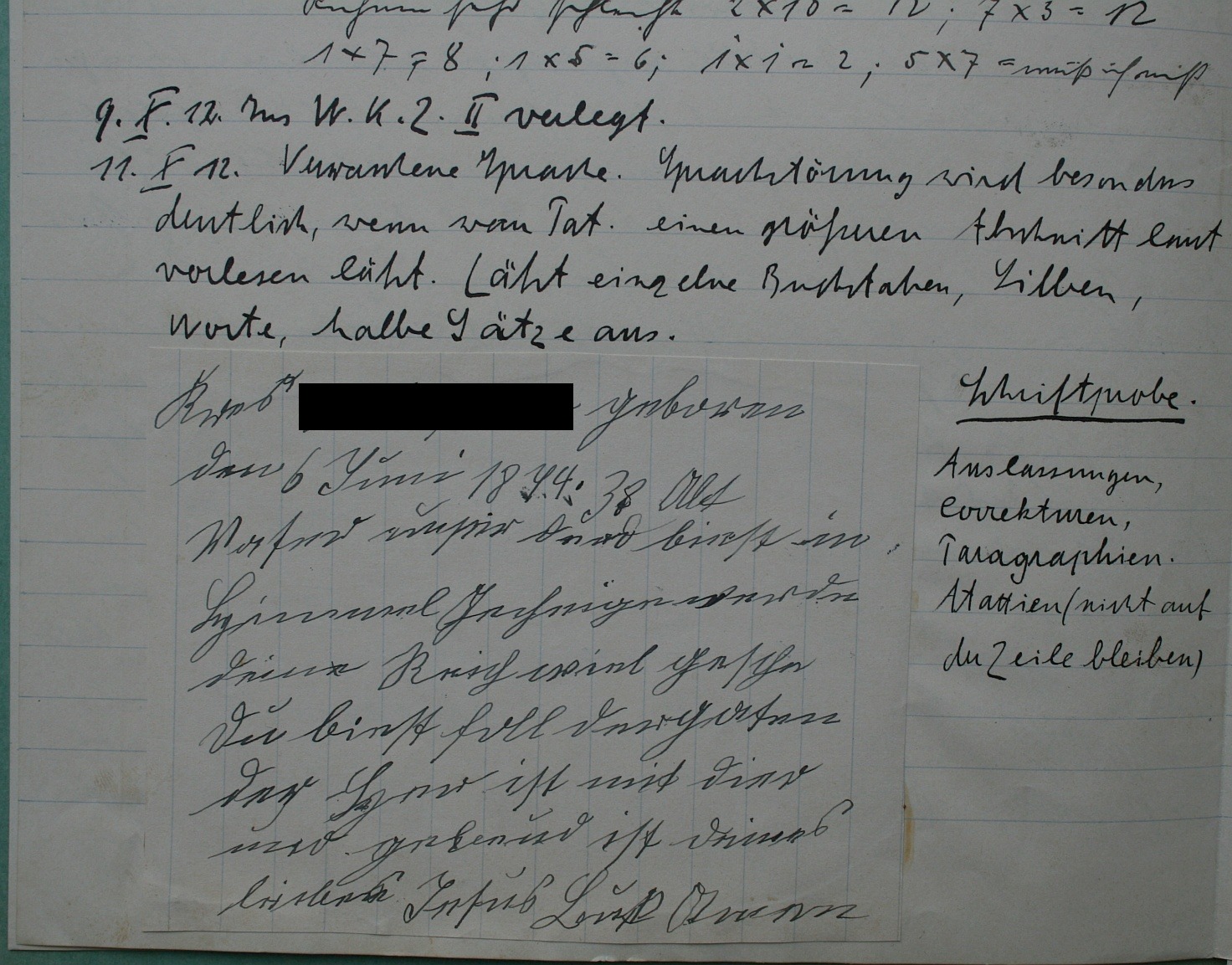 Schriftprobe von Kreszenz W. (1912), Archiv des Bezirkskrankenhauses Kaufbeuren, Patientenakte 1878